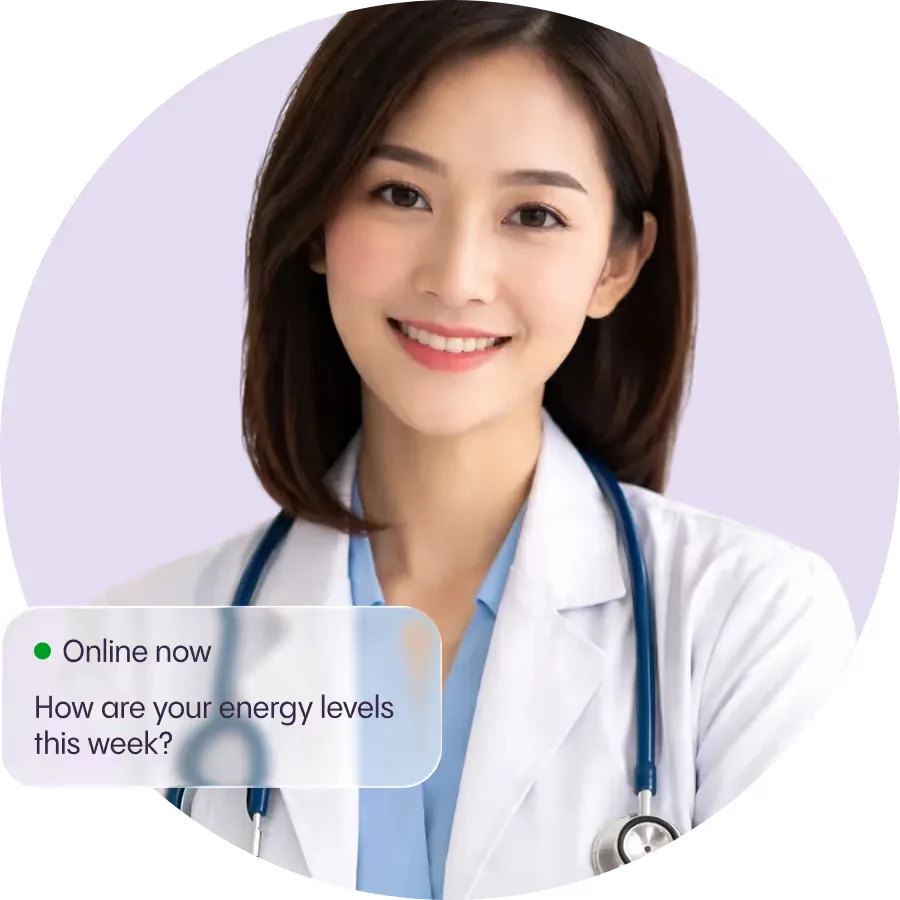 A smiling Zoey doctor in a white coat, with an online-now message bubble