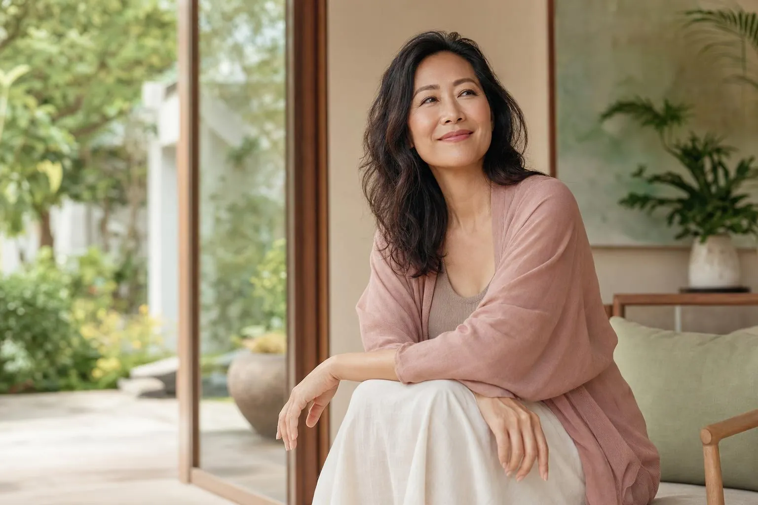 Asian woman at ease at home — menopause and HRT care