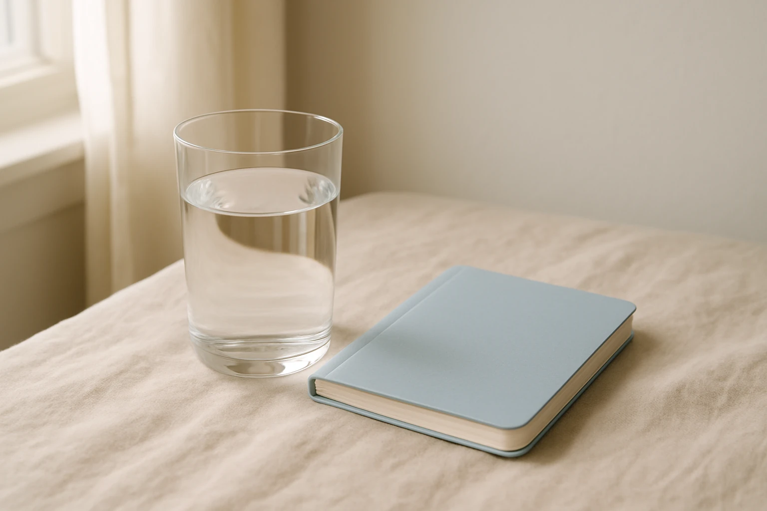 A glass of water and a small notebook on a soft beige fabric surface, calm editorial still life with natural light.