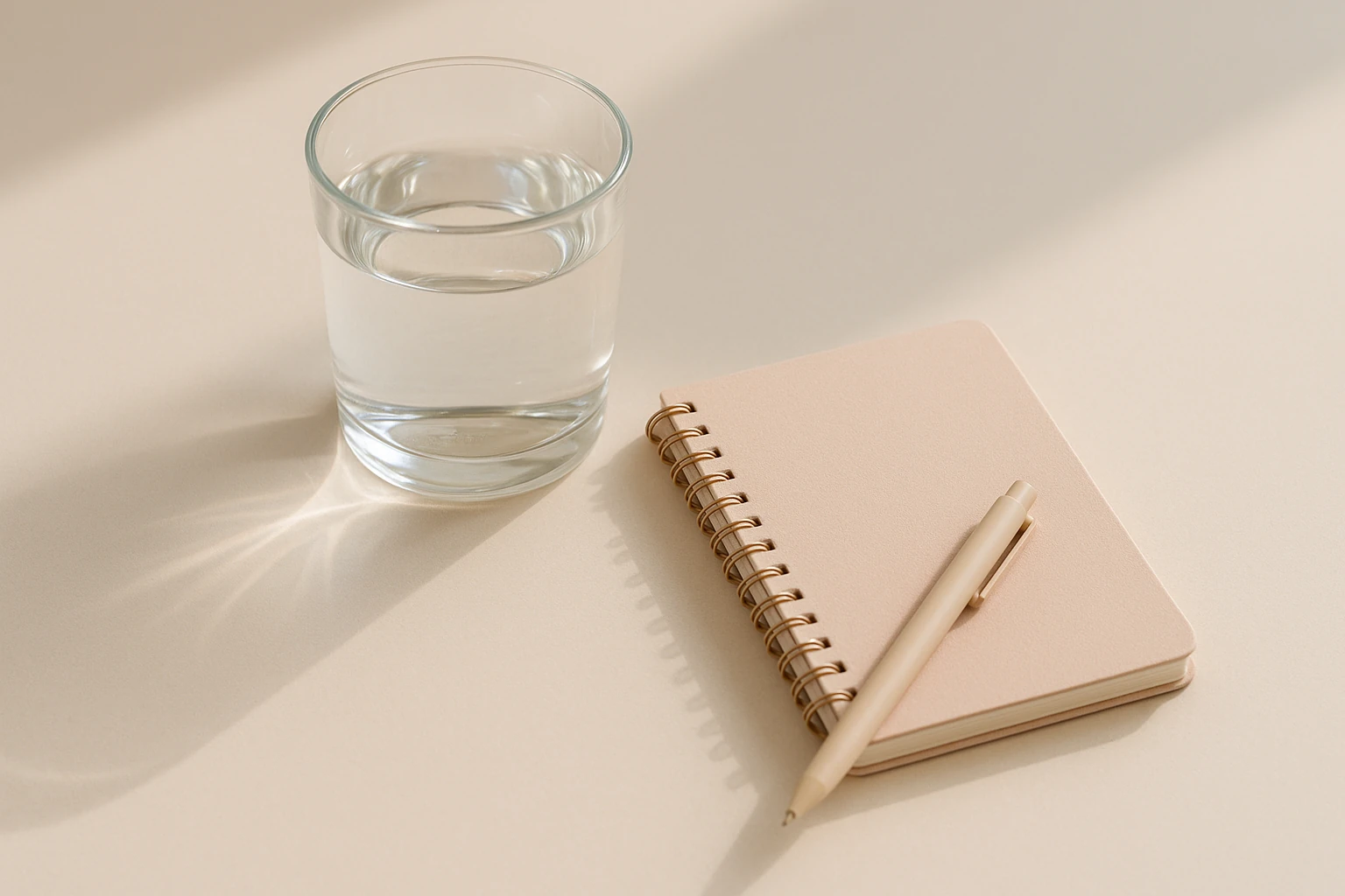 A glass of water on a clean white desk with a notebook and pen, soft morning light, calm editorial aesthetic.
