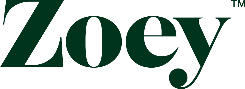 Zoey SG large dark green wordmark logo centered on a white background