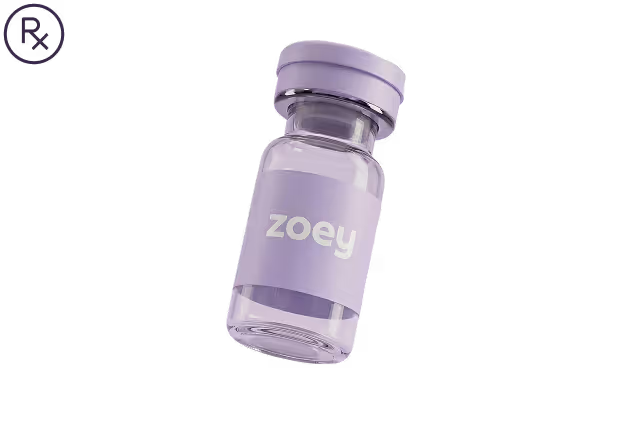 Small transparent vial with a purple cap and label reading 'zoey' on a black background.